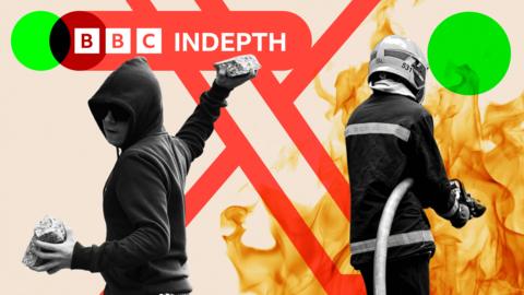 Montage showing the X logo, a hooded man preparing to throw a lump of concrete, a firefighter and flames