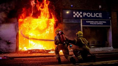 Fire raging at police station in Sunderland on 2 August