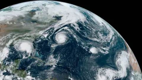 View of North Atlantic as several tropical storms move across