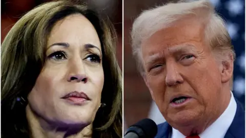  U.S. Vice President Kamala Harris in Milwaukee, Wisconsin, U.S. August 20, 2024 and former U.S. President Donald Trump in Bedminster, New Jersey, U.S., August 15, 2024 are seen in a combination of file photographs.