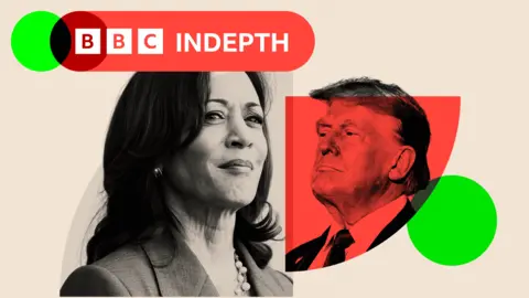 Composite black and white image of Kamala Harris on the left hand side looking towards the right and Donald Trump on the right looking towards the left