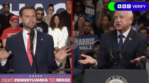 A BBC Verify-branded image of JD Vance and Tim Walz speaking at lecterns