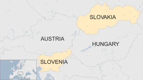 Slovenia and Slovakia shown on a cropped map of Europe - they do not touch, as Austria and Hungary lie between them