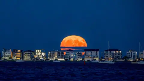 Lewis Johnson Photography A large orange moon partially obscured by a cloud appears above a row of apartments on sandbanks. The dark blue sky is clear above and in the foreground there are several white boats floating on a dark blue sea.