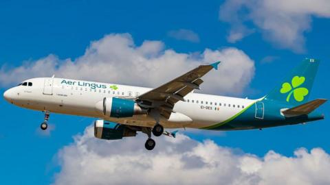 An Aer Lingus plane flying. A bright blue sky and white clouds are in the background.