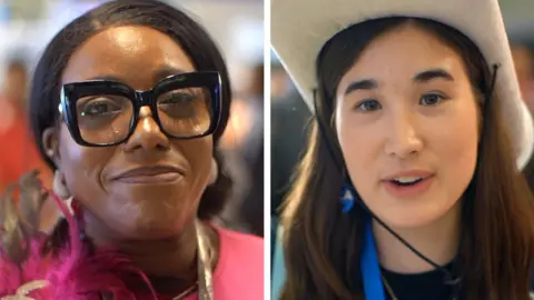 Split screen showing two Democratic female voters