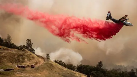 Airplane flies through a wildfire and drops fire retardant.