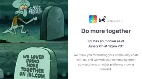 IRL The website of IRL - featuring a charcater laying flowers on a grave as they are sad at the passing of the social media company