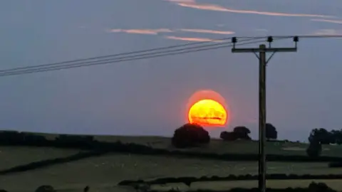 Billy Whizz A long exposure image showing a glowing orange moon against a dark landscape of fields and trees