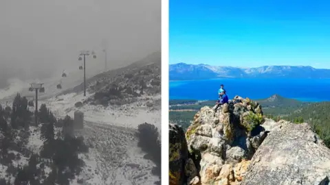 Split screen of snowy mountain side with ski lift on the left and sunny lake view on the right.