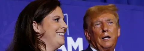 Getty Images Rep. Elise Stefanik (R-NY) (L) joins Republican presidential candidate and former President Donald Trump during a campaign rally at the Grappone Convention Center on January 19, 2024 in Concord, New Hampshire.