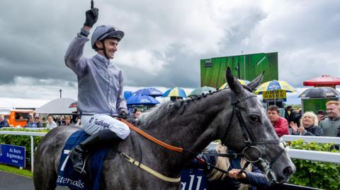 Jockey Danny Tudhope celebrates after Fallen Angel's Irish 1000m Guineas triumph