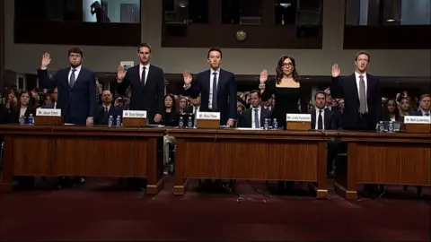 Jason Citron, Evan Spiegel, Shou Zi Chew, Linda Yaccarino and Mark Zuckerberg