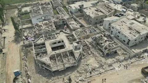 Aerial view of destroyed buildings