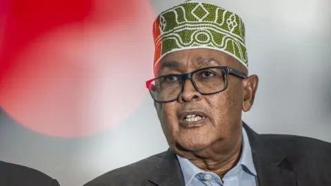 Wadani party presidential candidate Abdirahman Mohamed Abdullahi seen wearing a grey suit jacket, glasses and a green Muslim cap with an embroidered white design