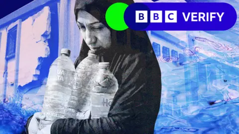 BBC A woman carrying three plastic bottles of water