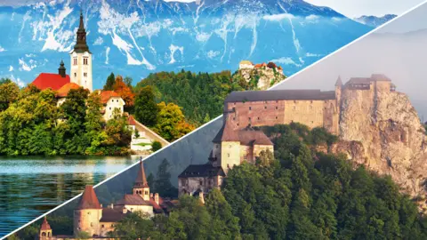 Getty Images A composite image with a diagonal dividers shows Slovenia's lake Bled and a Slovakian castle