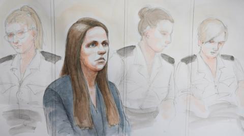 A court artist's sketch of Lucy Letby in the dock at Manchester Crown Court