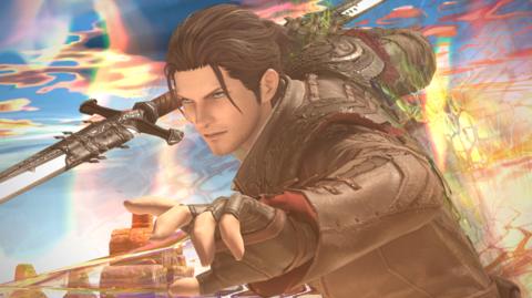 A computer-generated character in a leather jacket, long hair tied back, holds a large spear near his head, as if about to throw it. He looks focused on a foe in the distance. In the background a fiery swirl of orange clouds fills the rocky, canyon-esque landscape.