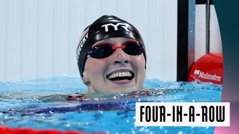 Watch Katie Ledecky of the USA win the women's 800m freestyle for the fourth Olympic games in a row