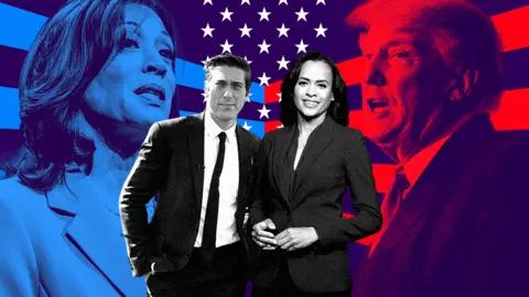 BBC graphic depicts David Muir and Linsey Davis superimposed atop the faces of Kamala Harris and Donald Trump