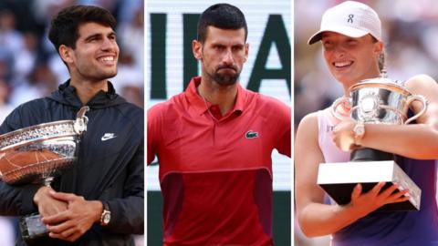 Carlos Alcaraz with the men's singles French Open trophy, Novak Djokovic, Iga Swiatek with the women's singles French Open trophy