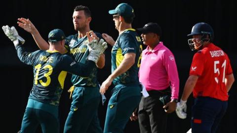 Australia's Josh Hazlewood celebrates a wicket against England in the 2024 T20 World Cup