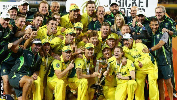 Australia celebrate with Cricket World Cup trophy