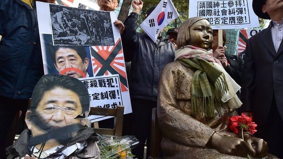 South Korean protestors place a damaged portrait (L) of Japan's Prime Minister Shinzo Abe next to a statue (R) of a South Korean teenage girl in traditional costume called the 'peace monument' for former 'comfort women' during an anti-Japan rally outside the Japanese embassy in Seoul on April 1 2015.