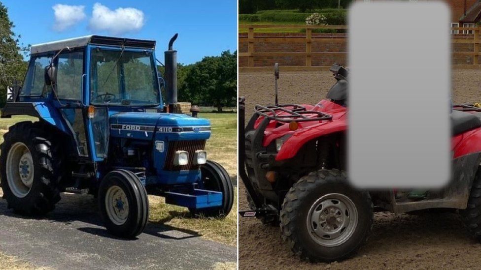 Two images side-by-side left of a blue tractor and right a red quad bike both stolen from farms