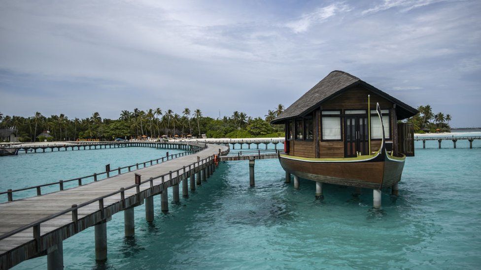 A view of a boat shaped structure in the Maldives, which is one of the countries most threatened by the sea level increase due to global warming
