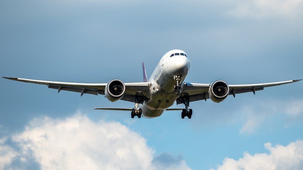 Plane flying in blue sky