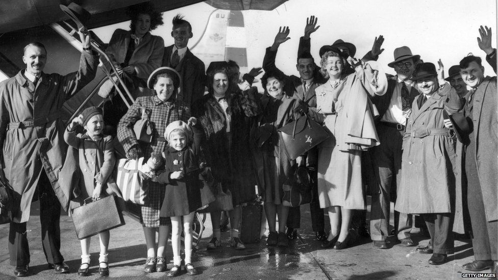 Migrant families wave goodbye as they leave Britain for new lives in Australia, 1948.