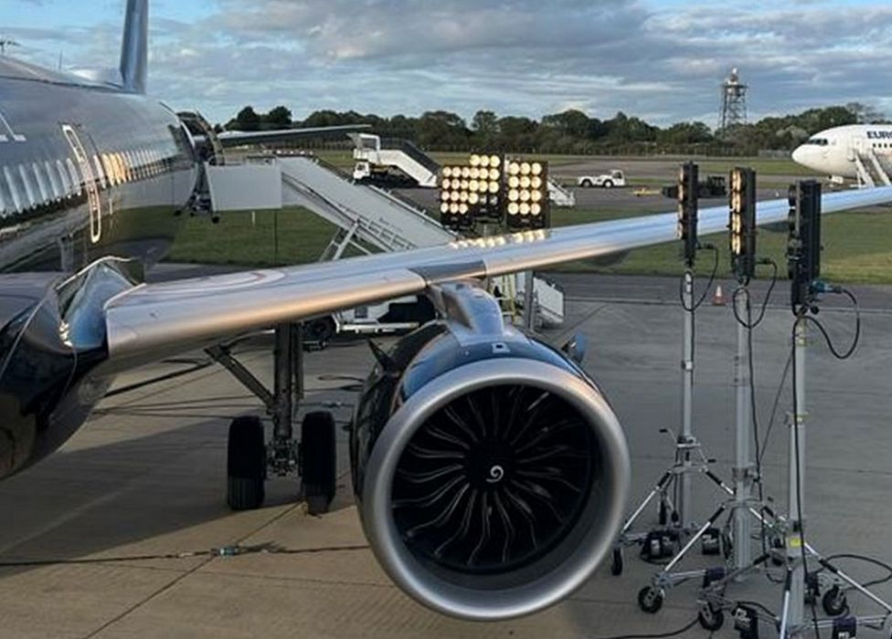 Halogen film lighting next to an Airbus wing at Stansted Airport