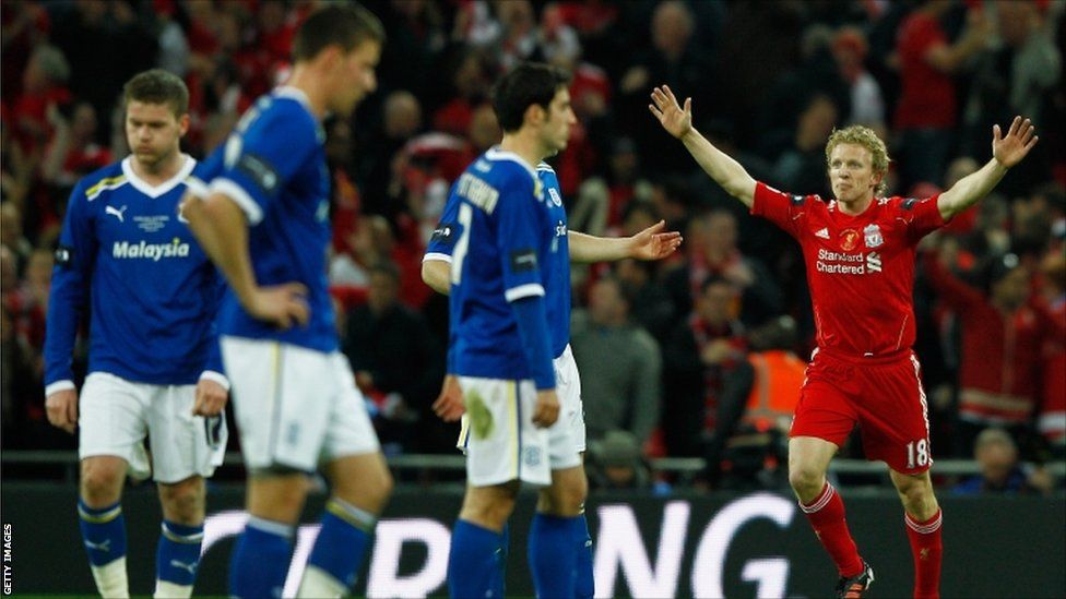 Dirk Kuyt of Liverpool celebrates scoring their second goal