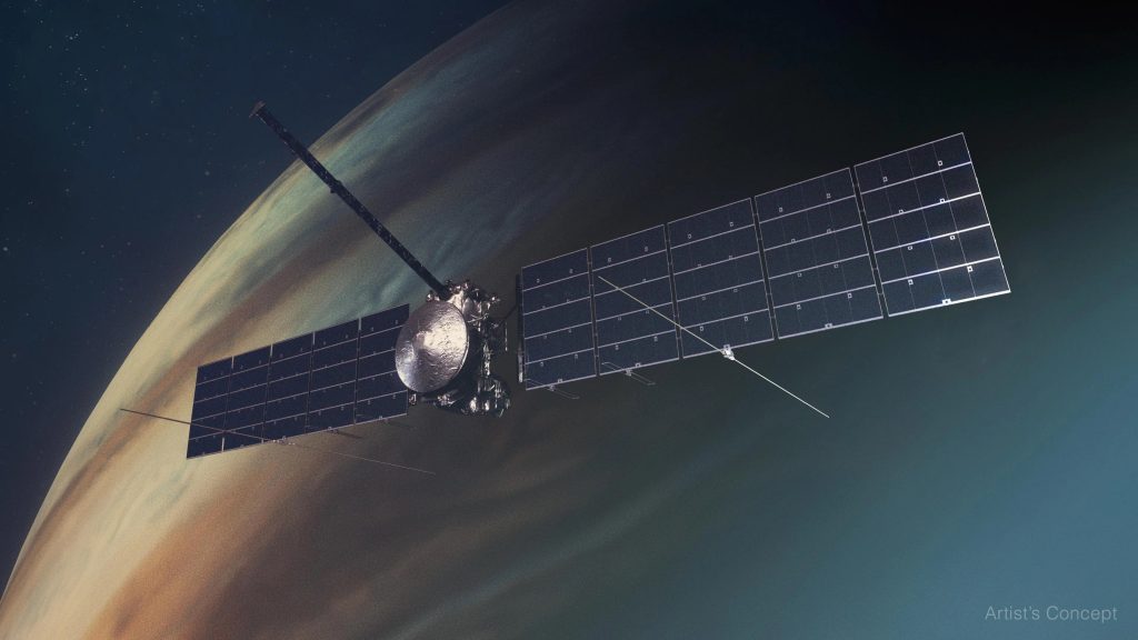 This artist's concept depicts NASA's Europa Clipper spacecraft in orbit around Jupiter.