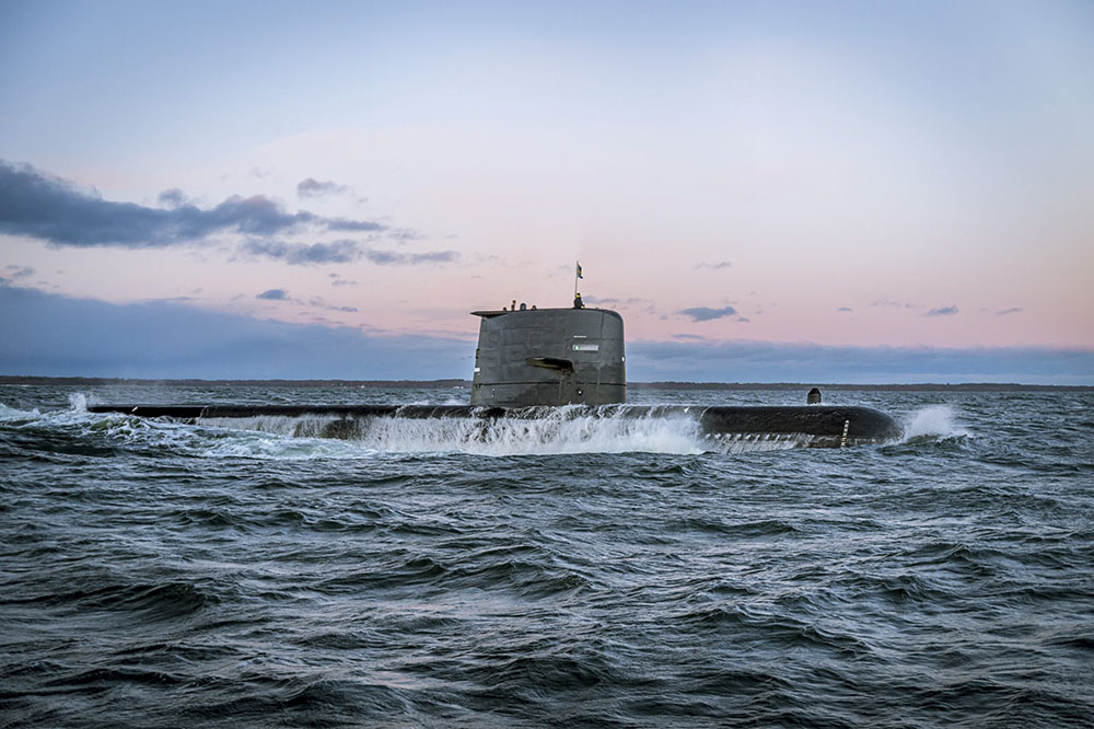 Submarine emerging from the water in the archipelago outside of Karlskrona, Sweden