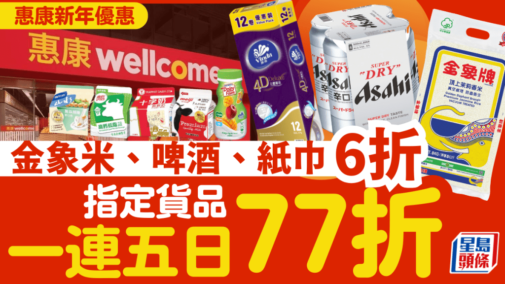 惠康77折優惠迎新年！日用品低至6折 啤酒/紅酒/金象米/衛生紙都有  恒生enJoy卡額外92 折