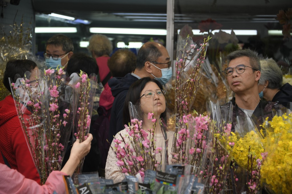 不少人趁周日到旺角花墟買年花應節。陳浩元攝