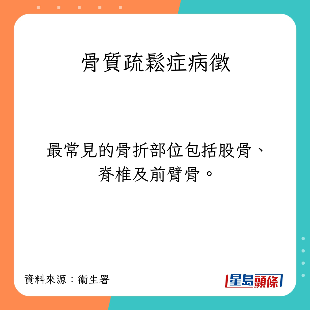 骨質疏鬆症狀：最常見的骨折部位包括股骨、脊椎及前臂骨。