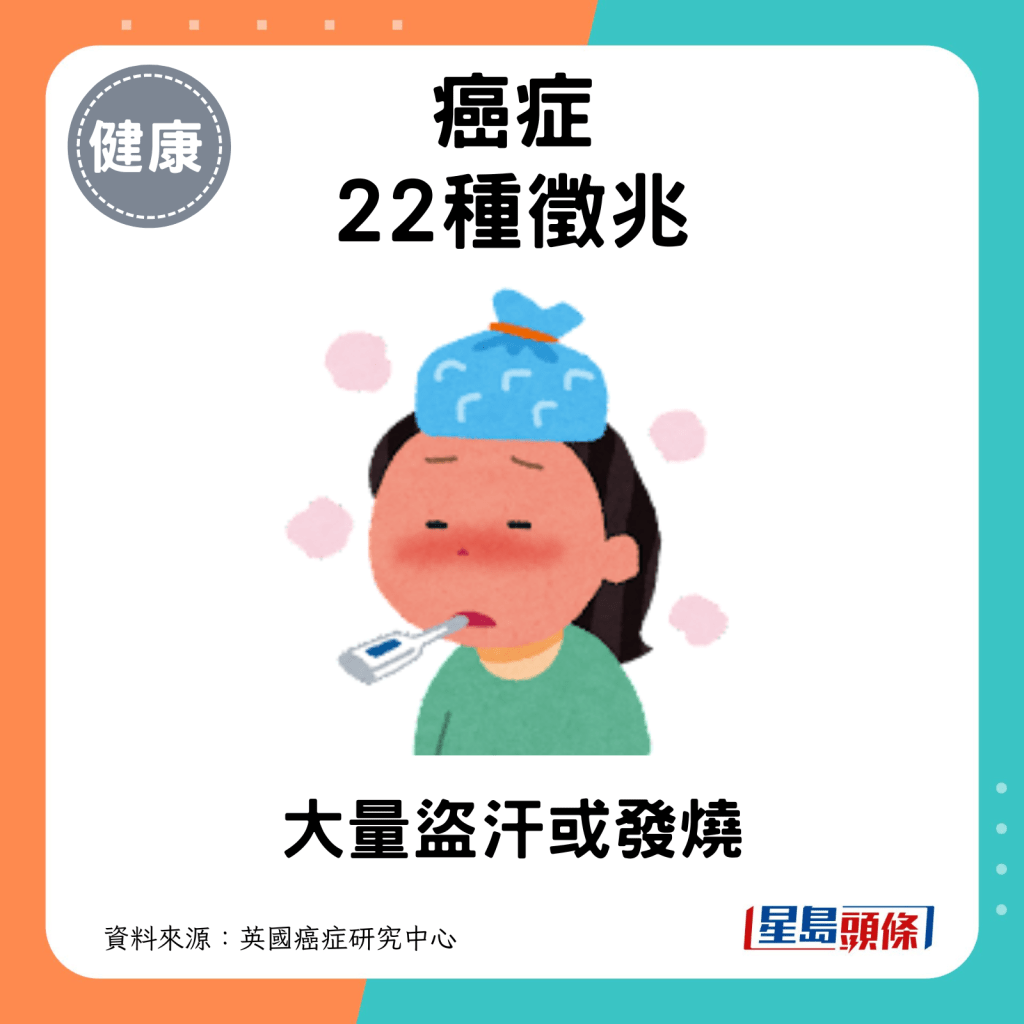 癌症22種徵兆：大量盜汗或發燒。