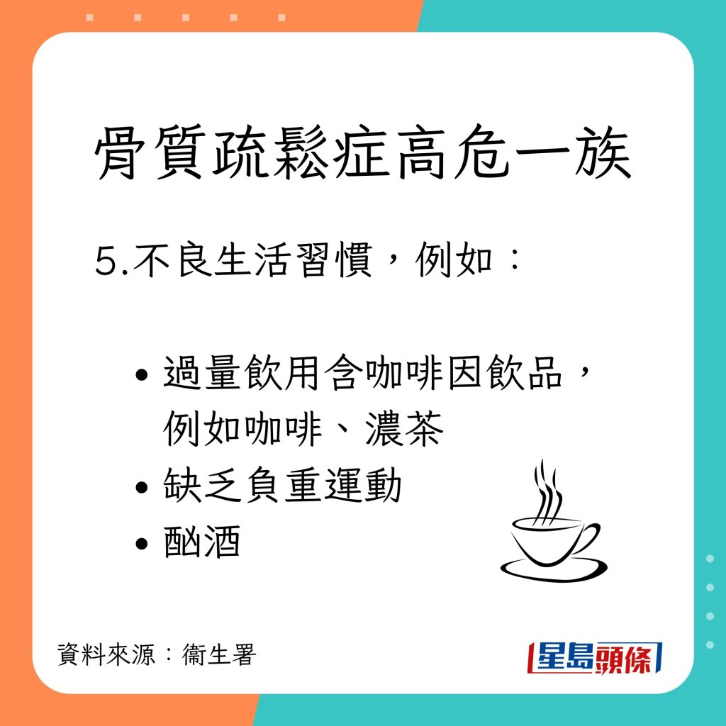 骨質疏鬆症高危一族：不良的生活習慣，例如過量攝取鈉質(鹽分) 、缺乏負重運動、酗酒。