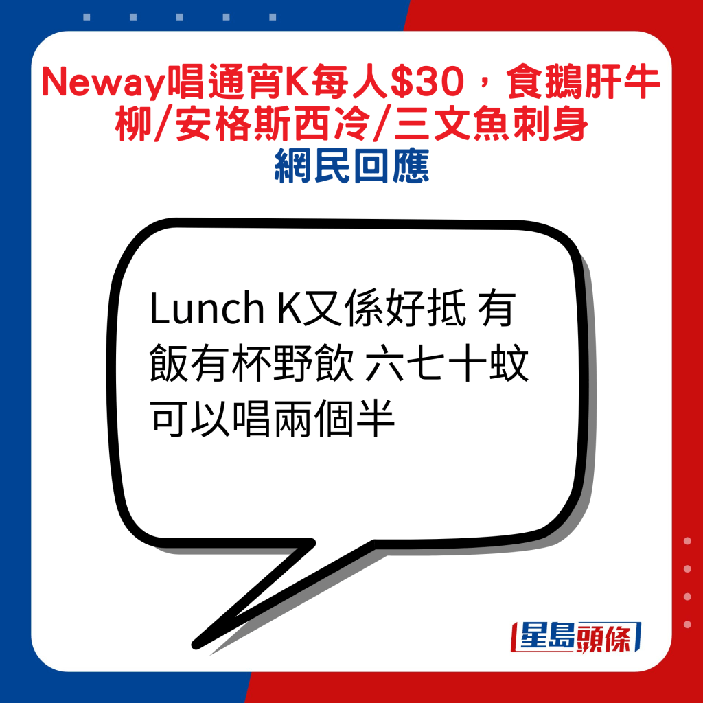 網民回應：Lunch K又係好抵 有飯有杯野飲 六七十蚊可以唱兩個半