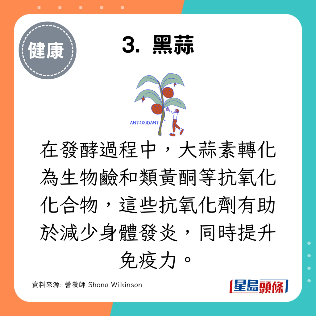 在發酵過程中，大蒜素轉化為生物鹼和類黃酮等抗氧化化合物，這些抗氧化劑有助於減少身體發炎，同時提升免疫力。