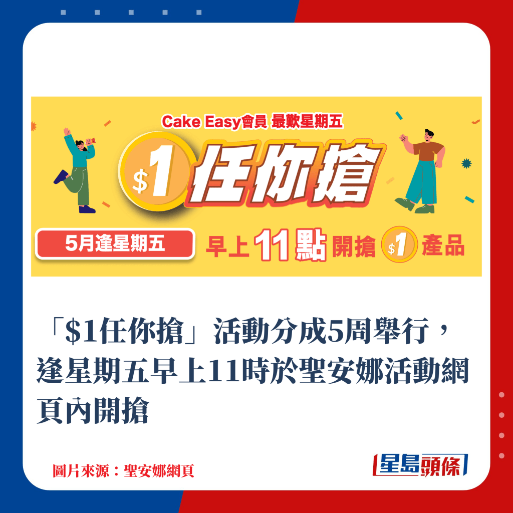 「$1任你搶」活動分成5周舉行，逢星期五早上11時於聖安娜活動網頁內開搶