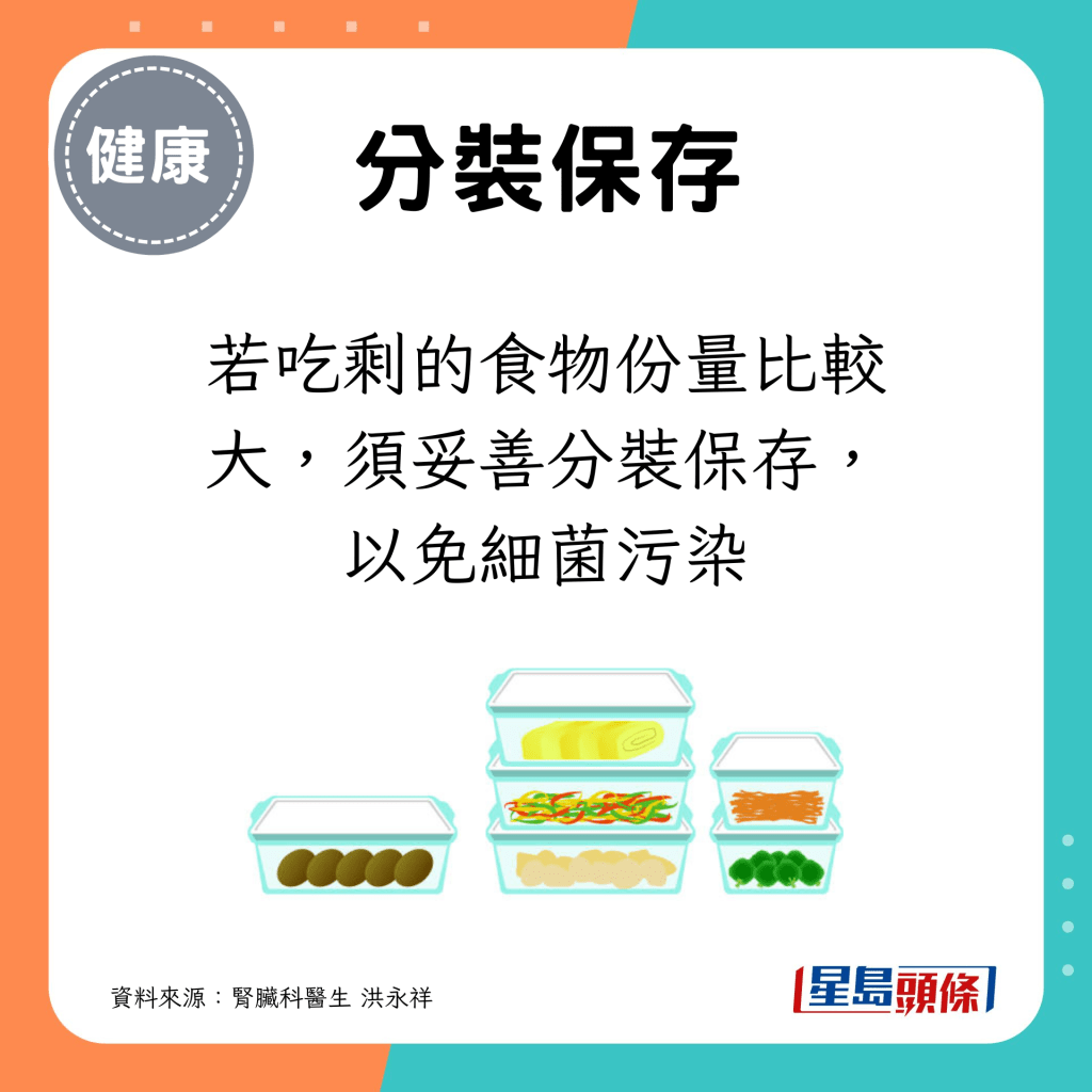 若吃剩的食物份量比較大，須妥善分裝保存，以免細菌污染