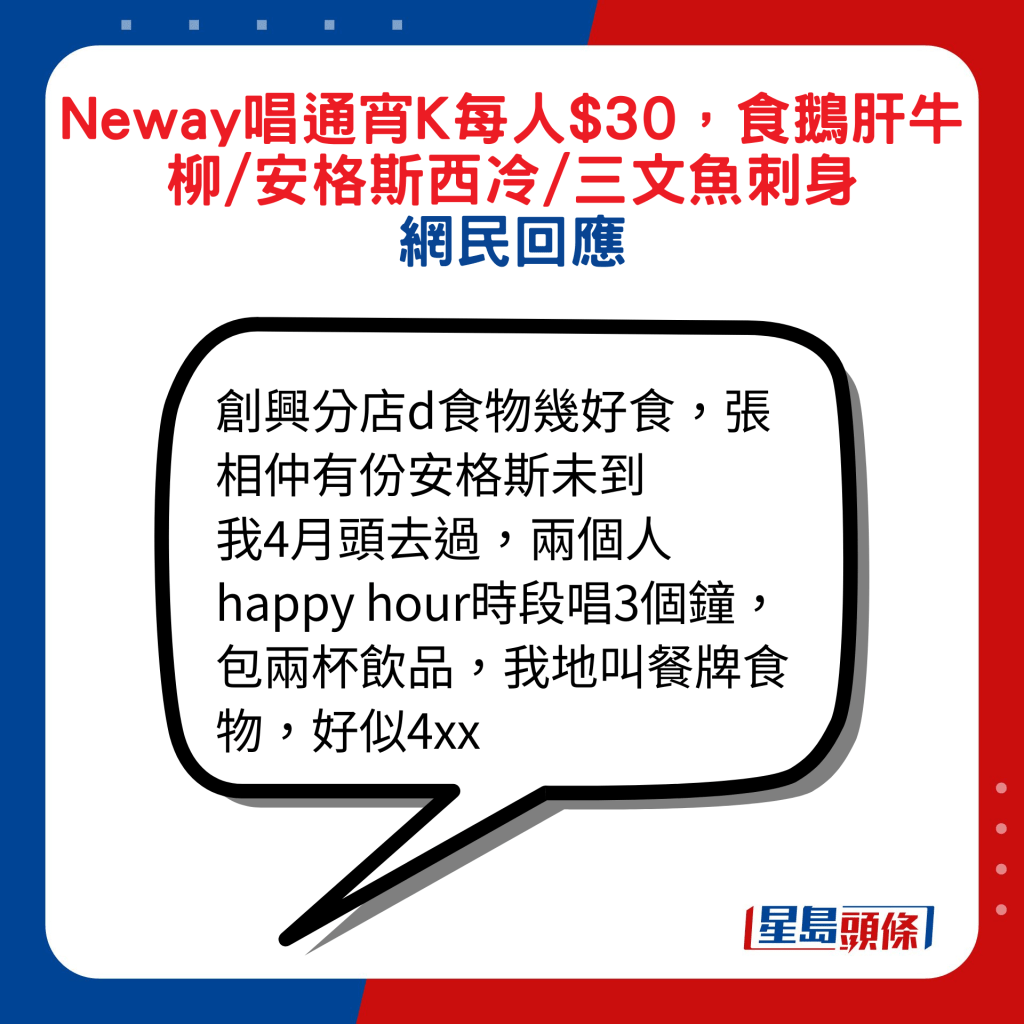 網民回應：創興分店d食物幾好食，張相仲有份安格斯未到 我4月頭去過，兩個人happy hour時段唱3個鐘，包兩杯飲品，我地叫餐牌食物，好似4xx