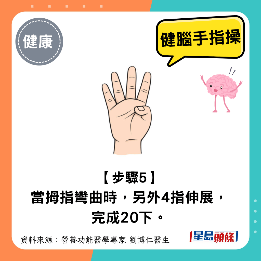 健腦手指操｜步驟6： 右手按照拇指、食指、中指、 無名指到尾指依序彎曲。