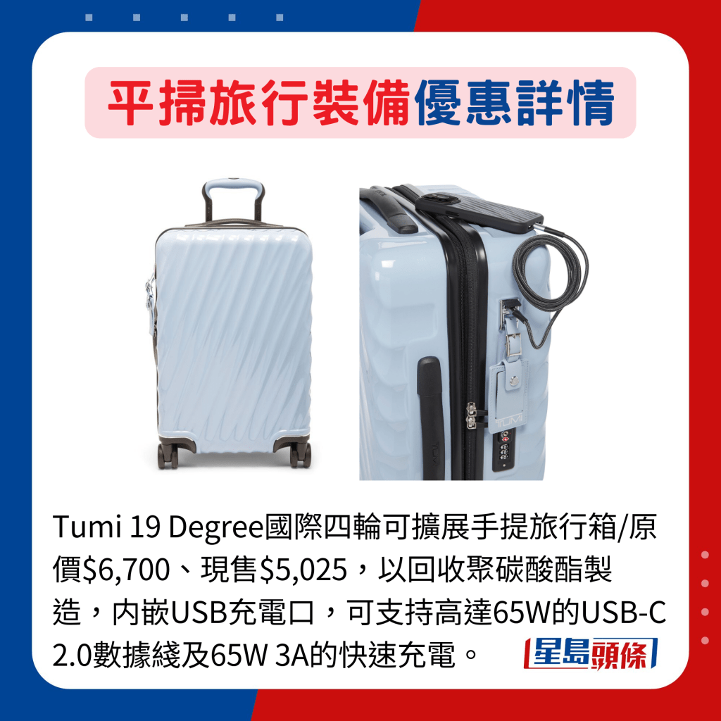 Tumi 19 Degree國際四輪可擴展手提旅行箱/原價$6,700、現售$5,025，以回收聚碳酸酯製造，内嵌USB充電口，可支持高達65W的USB-C 2.0數據綫及65W 3A的快速充電。