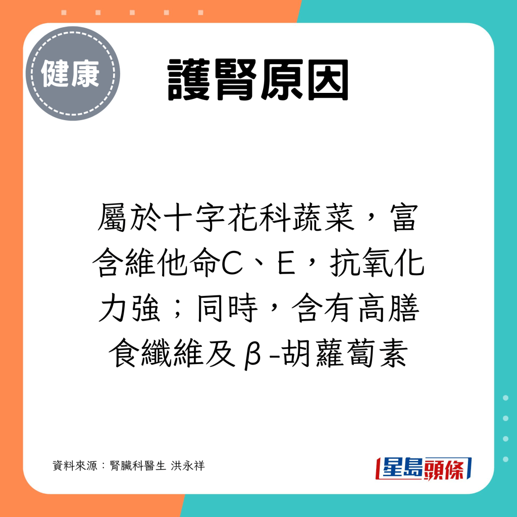 屬於十字花科蔬菜，富含維他命C、E，抗氧化力強；同時，含有高膳食纖維及β-胡蘿蔔素